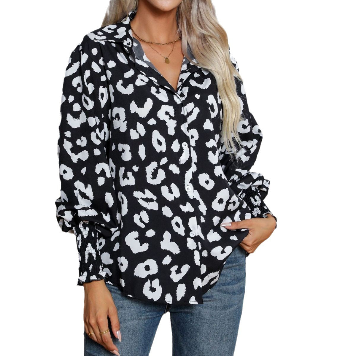 Leopard Print Lantern Sleeve Shirt Women