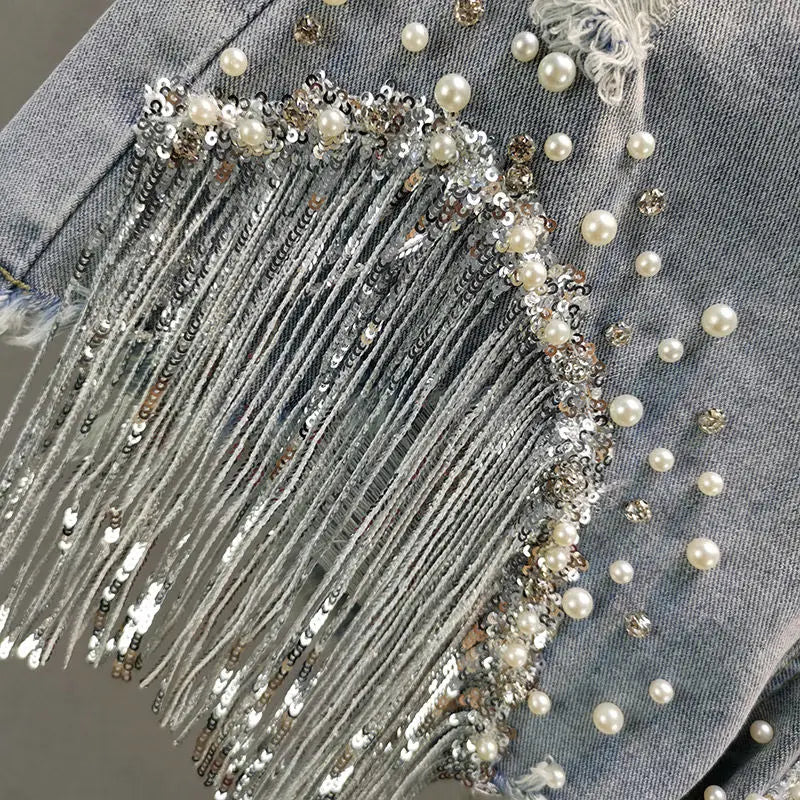 Summer Elegant Shorts Lady Tassel Beading High Waist Wide Leg Denim Shorts Female Casual Solid Shorts Jeans for Women Clothing