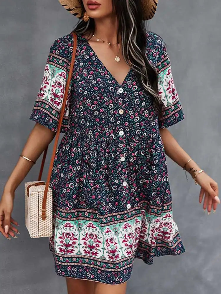 ZANZEA Women V Neck Mini Dress Bohemian Printed Sundress 2023 Summer Short Sleeve Floral Kaftan Ladies Holiday Button Vestidos