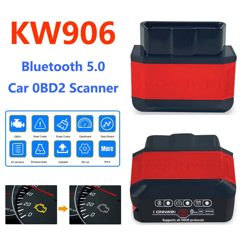 Konnwei Bluetooth 5.0 ELM327 V1.5 OBD2 Scanner KW906 OBDII Auto Diagnostic-Tools ELM 327 V 1.5 OBD 2 Car Code Readers Scan Tools