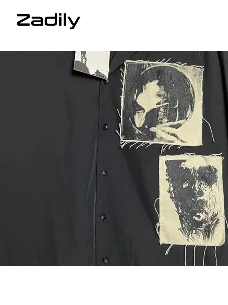Women's Button Up Loose Blouse, Short Sleeve Shirt, Patch Designs, Tunic, Gothic Streetwear, Female Clothing, Summer, Y2k, 2024