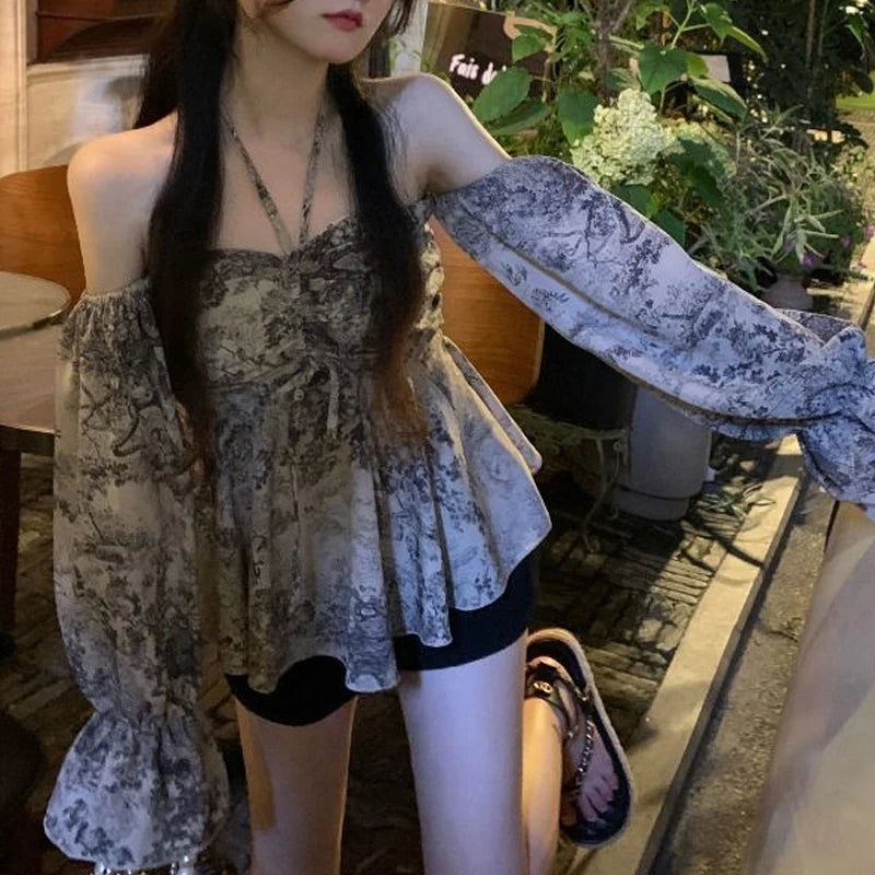 Women Sexy Off Shoulder Backless Halter Drawstring Blouse Spring Summer Trendy Print Chic Shirt Long Sleeve Slim Y2K Tops Blusas