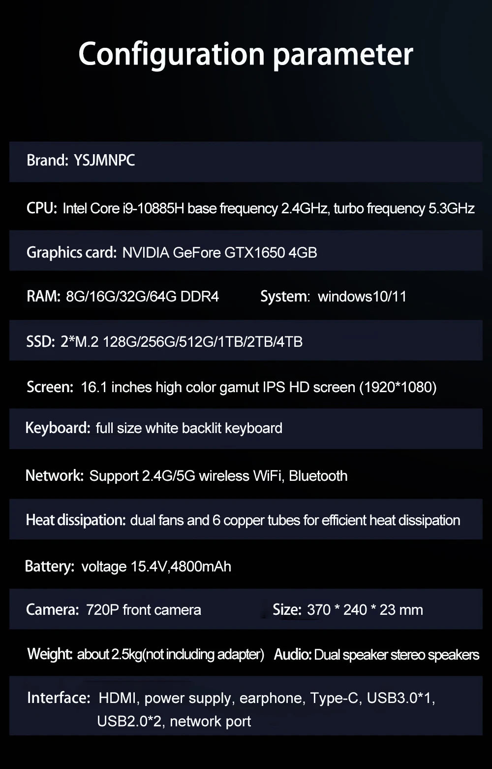 16.1 Inch Gaming Laptop Computer RTX4050 6G Intel Core i9-13900H i9-10885H windows11 RAM Max 64GB DDR4 2*M.2 NVME 4TB SSD WiFi
