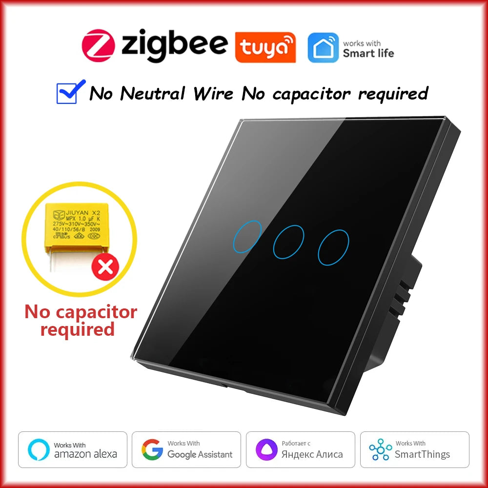 ZigBeeTuya Smart Light Touch Switch EU No Neutral Wire No Capacitor Required Smart Life 1/2/3 Gang Work with Alexa Google Home