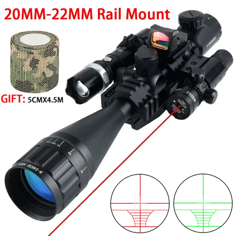 Tactical 6-24x50 AOEG Optical Sight Long Range Rifle Scope with Red Green Dot Laser Combo Riflescope Hunting Airsoft Scopes