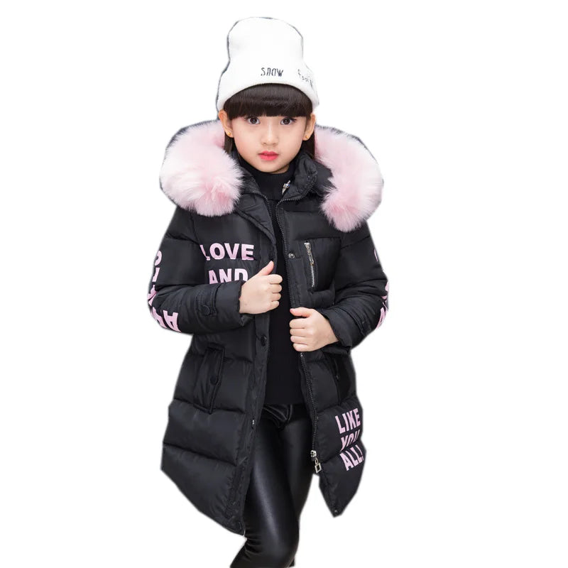 UNITIM 2024 Russian Winter Girls Cotton-padded Jacket Faux Fur Collar Long Kids Girl Parka 4-13 Years Teenagers Outerwear Coat
