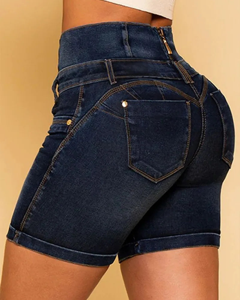 Women Denim Shorts Pants Fashion High Waist Hip Lift Zipper Stitching Tight Denim Shorts Sexy Pockets