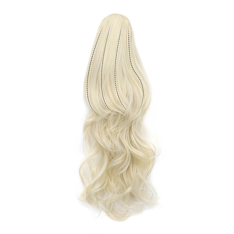 Synthetic 22Inch Long Wavy Curly Layered Ponytail Drawstring Clip in Hairpiece Black Blonde Hair for Women