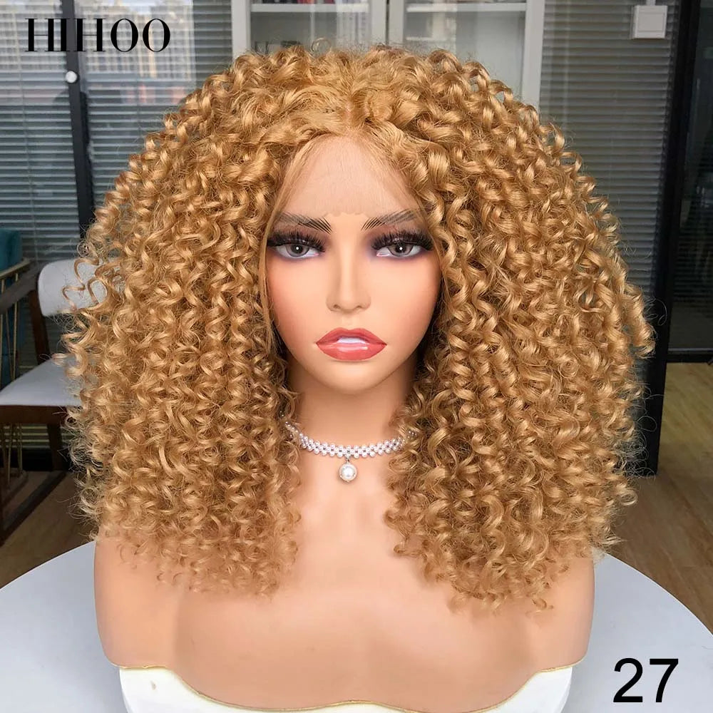 Short Bob Wig Lace Front Wigs for Women Afro Kinky Curly Wigs Ombre Brown Synthetic Middle Nature Hair Black Headgear with Clips