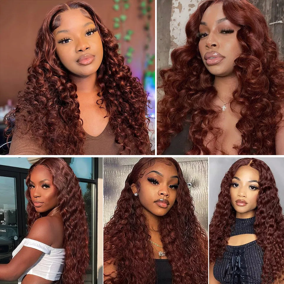 Reddish Brown Loose Deep Wave Lace Front Human Hair Wig For Women 200% Density Brazilian Remy Hair Transparent Lace Frontal Wigs