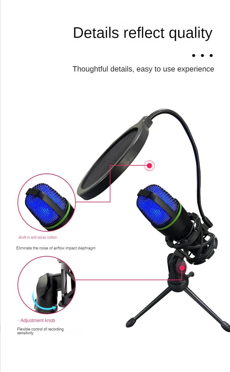 ME4 RGB Condenser Microphone USB Wired Desktop Tripod MIC For Recording Live Gaming Video Noise Reduction Conference Microphone