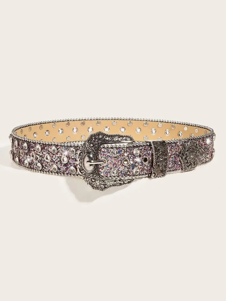 Women Sequin & Rhinestone Decor Geometric Buckle Fashion Belt For Dress Decoration