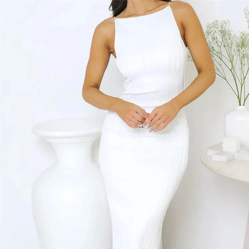 Women's Long Ruched Dress Sleeveless Slim Monochromatic Party Back Split Clubwear Female Outfits Summer Sexy 2024