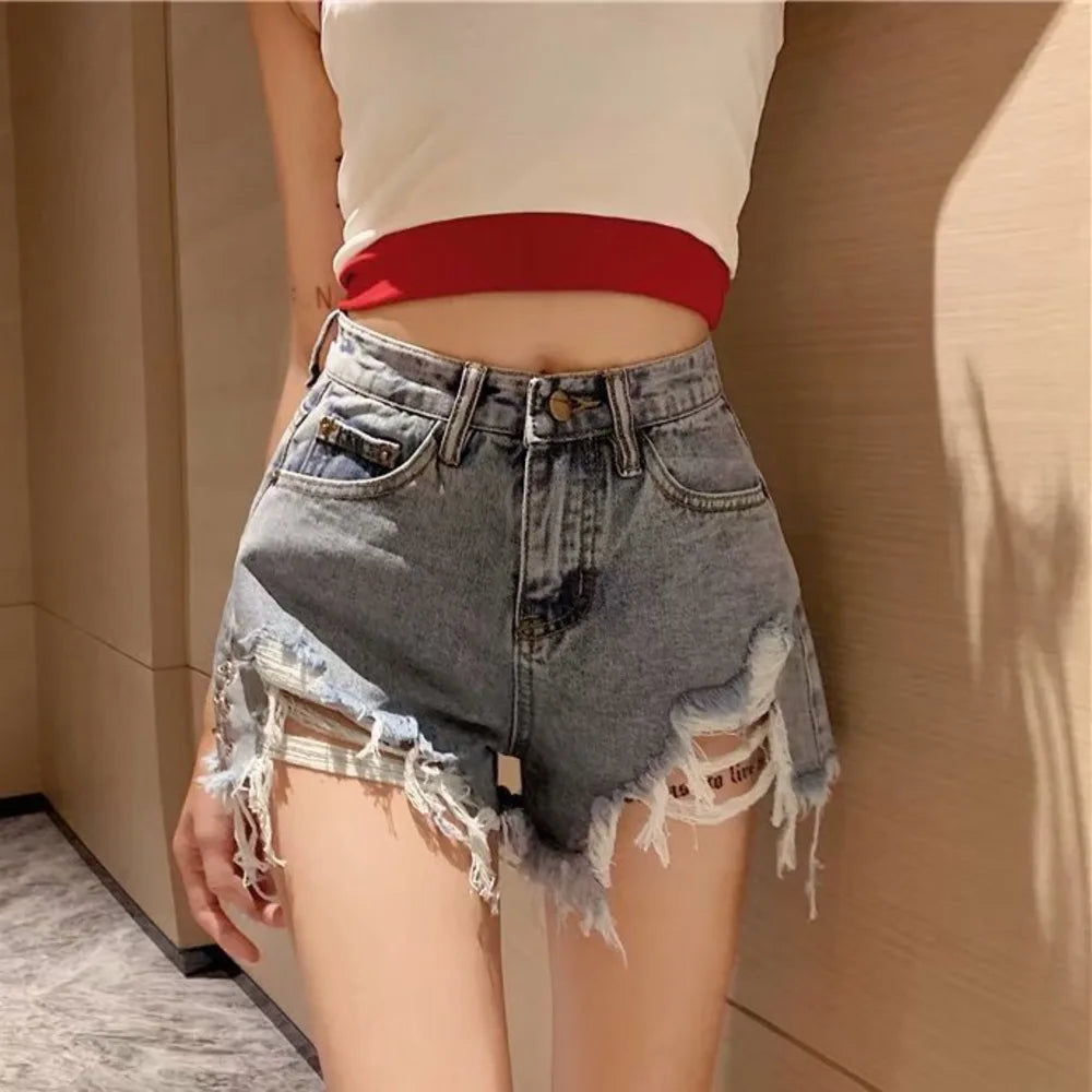 Feynzz Fashion New Summer Women High Waist Button Wigh Leg Jeans Shorts Casual Female Loose Fit Blue Denim Shorts