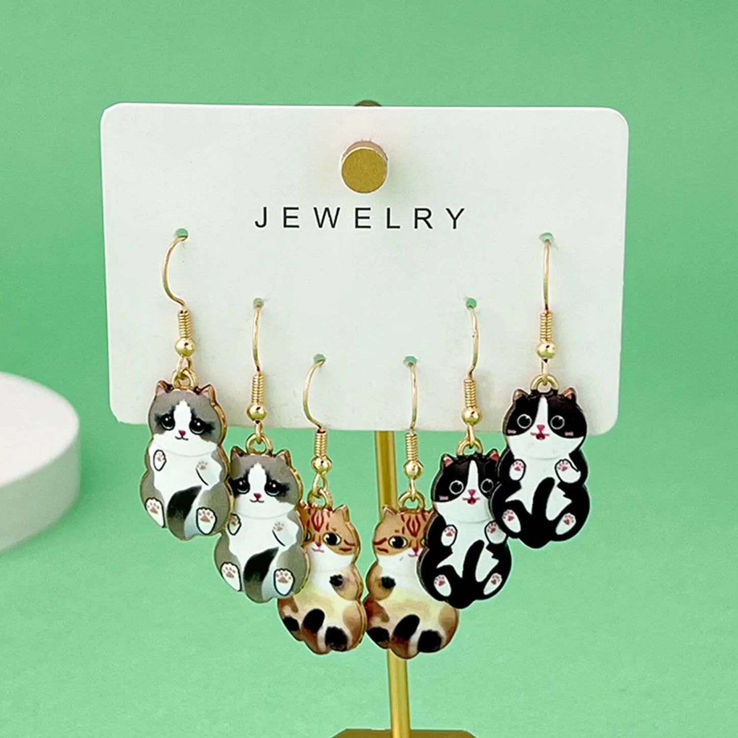 3 Pairs/Set Fashionable Enamel Cartoon Cute Cat Design Earrings, Jewelry Gifts For Women And Girls