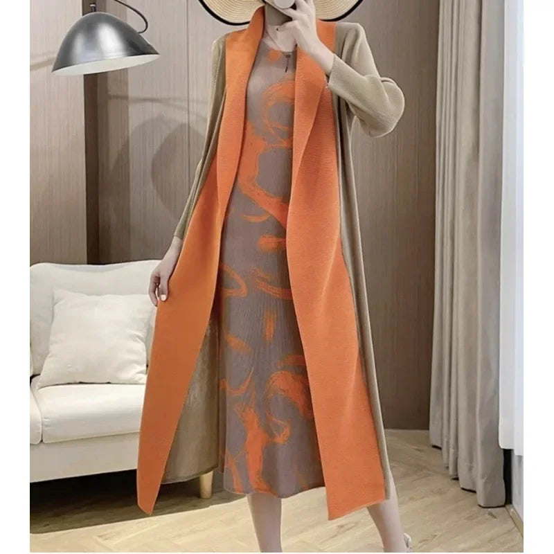 Folded Fake Two Piece Dress 2025 Spring Large Sleeves Round Neck Printed Mom's Dress Y2k Dress