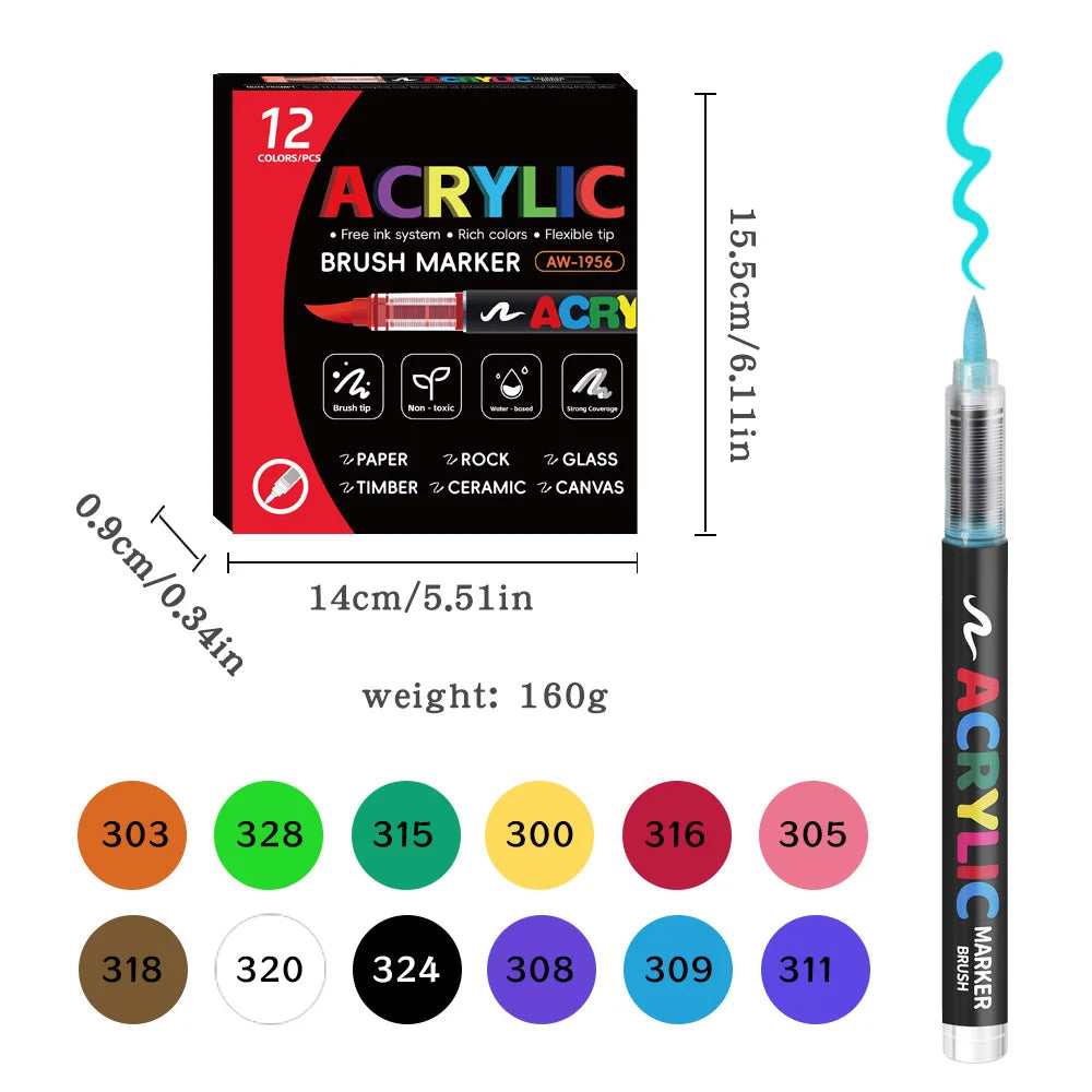 12/24/36/48 Color Acrylic Paint Pen Markers Brush Tip Paint Marker For Rock Painting Wood Canvas Stone, Christmas Gift DIY Craft