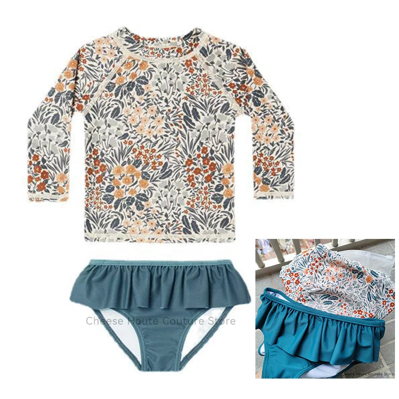 RC Baby Girls Swimwears 1-12y Kids Long Sleeve Sunscreen Floral Toddler Swimming Swimsuit Striped Bikini Suits 2022 Hot Clothes