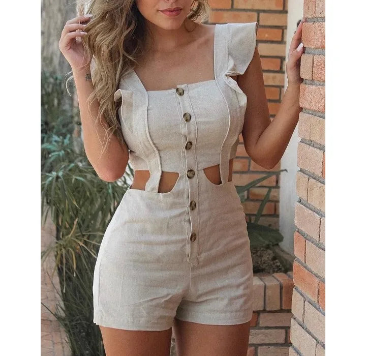 Jumpsuit Shorts Women 2024 Summer Temperament Commuting Elegant Waist Hollow Sleeveless Button Ruffled Fashion Womens Rompers