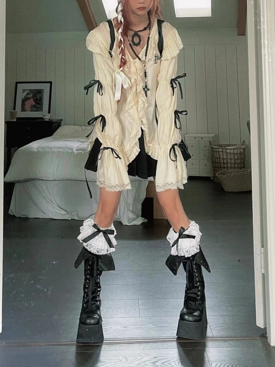 Japanese Gothic Harajuku Solid Sweet Bow Appliques Blouses Fashion V Neck Long Sleeve High Street Clothing Y2k Aesthetic Tee