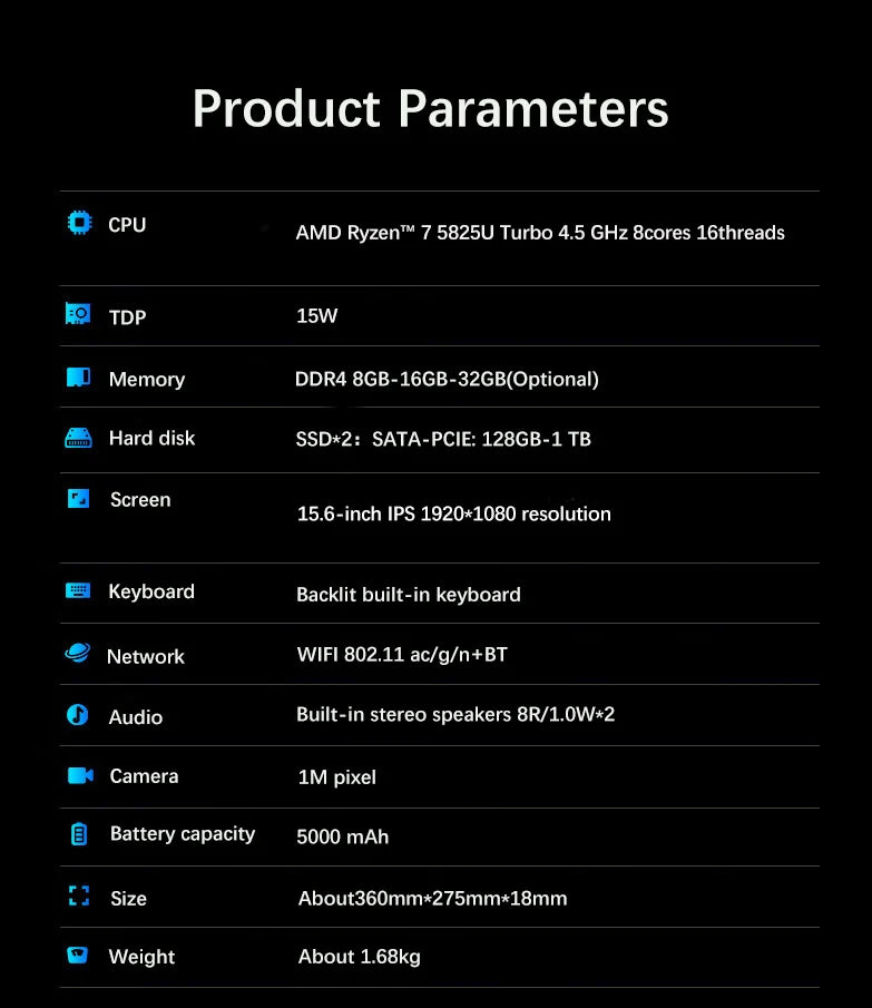 15.6 Inch Gaming Laptop AMD Ryzen™ 7 5825U Business Computer 2*DDR4 MAX 32GB 2TB SSD Windows11 Fingerprint Office Notebook