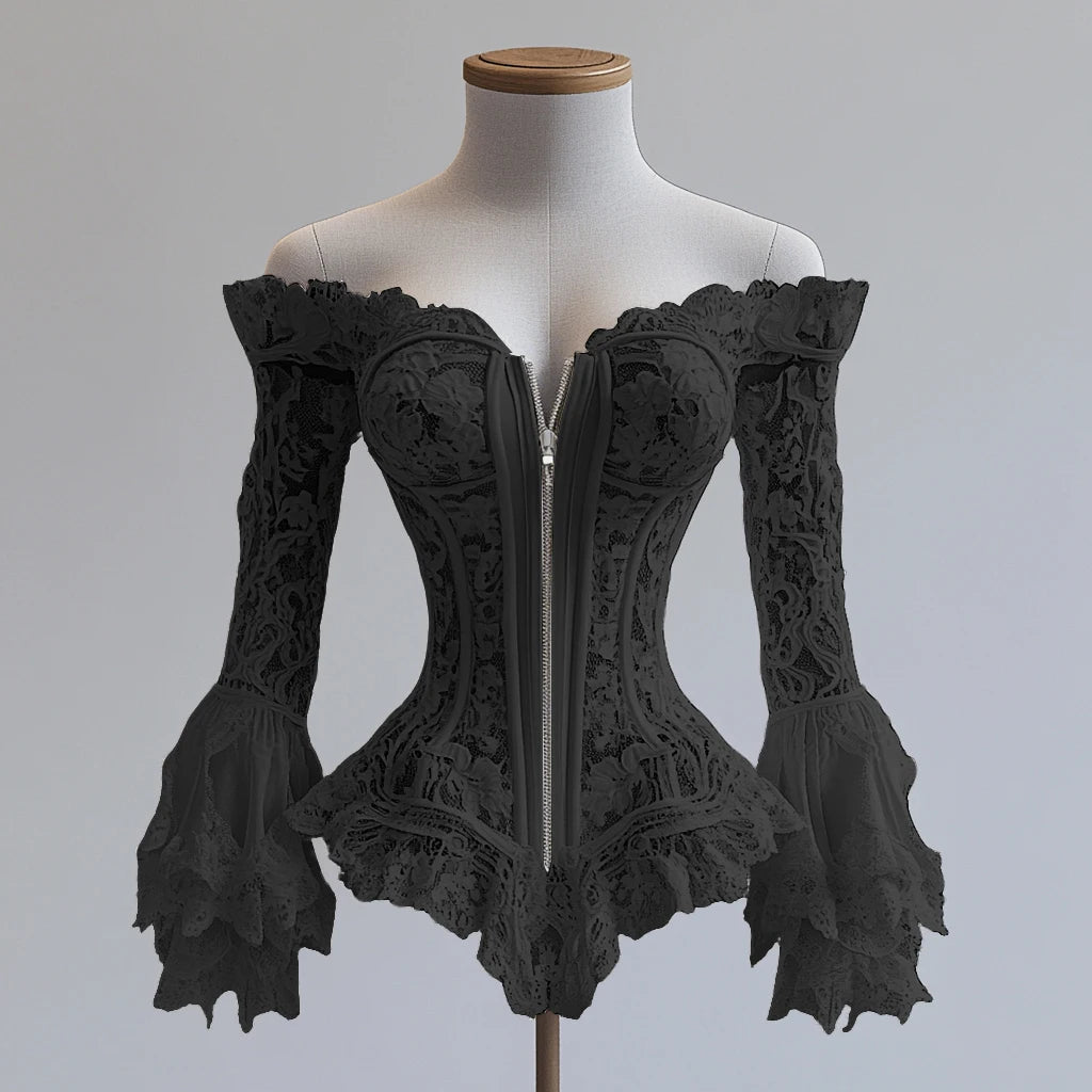 Off Shoulder Lace Blouse for Women Flare Sleeve Zipper Fly Solid Elegant Chic Sexy Hollow Out Long Sleeve Tops Irregular Hem Top