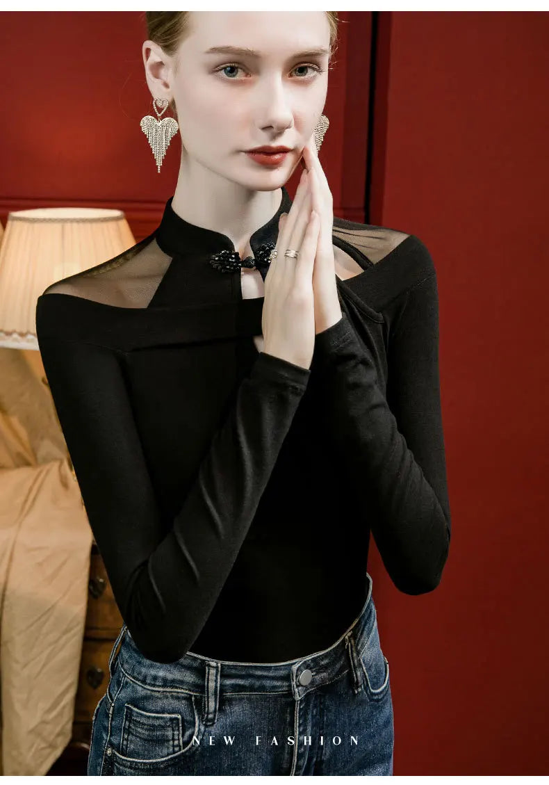 Vintage Irregular Mesh Long Sleeve T-Shirt, Show Collarbone Tops for Fall and Winter, Unique Qipao Base Shirt for Women