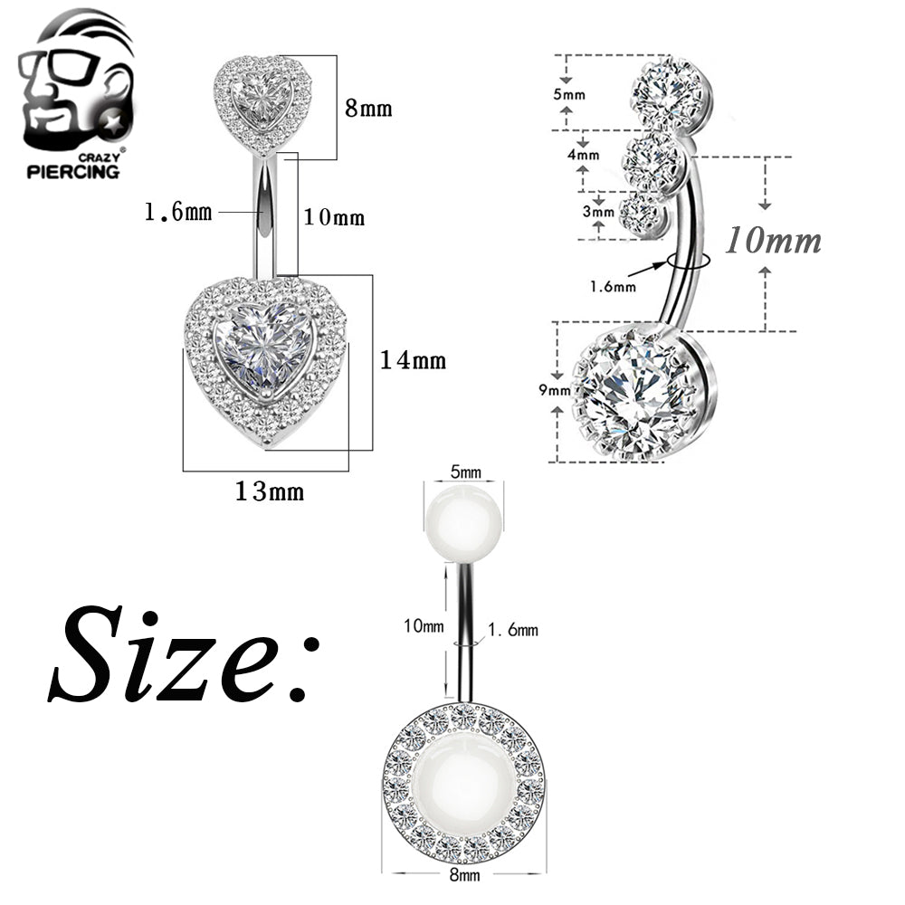 10 Styles Sexy Dangling Navel Belly Button Ring Oreja 14G Double Round Cubic Zirconia 316L Surgical Steel Belly Piercing Jewelry