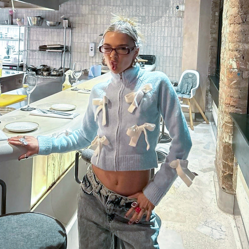 Women's Bow Zipped Stand Collar Long Sleeve Sweater