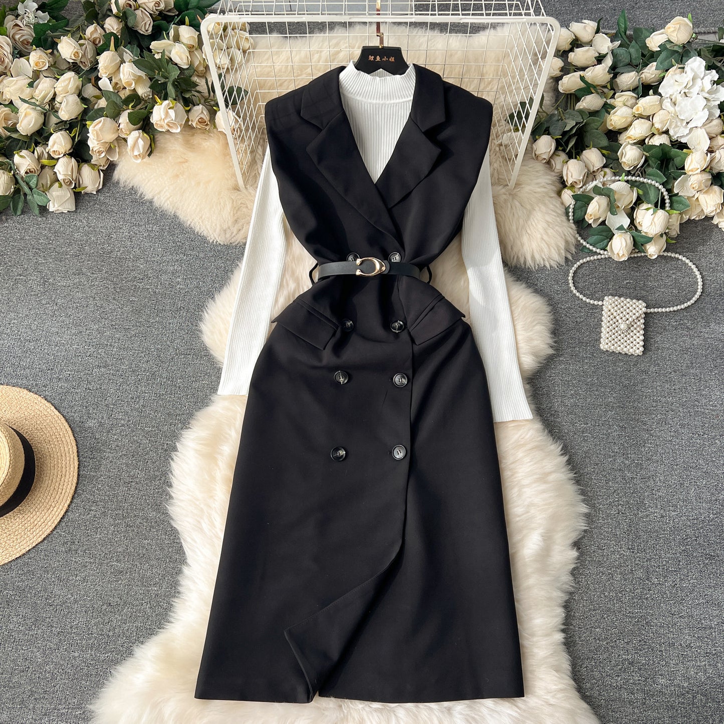 Knitted Bottoming Shirt Versatile Retro Double Breasted Business Suit And Dress Two-piece Set