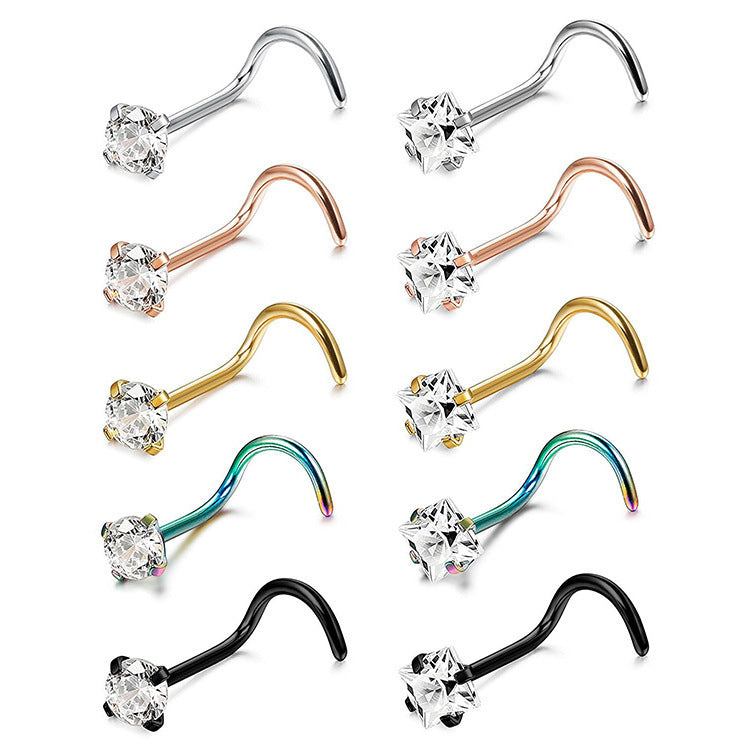 Stainless Steel Diamond-Studded Curved Bar Nose Ring