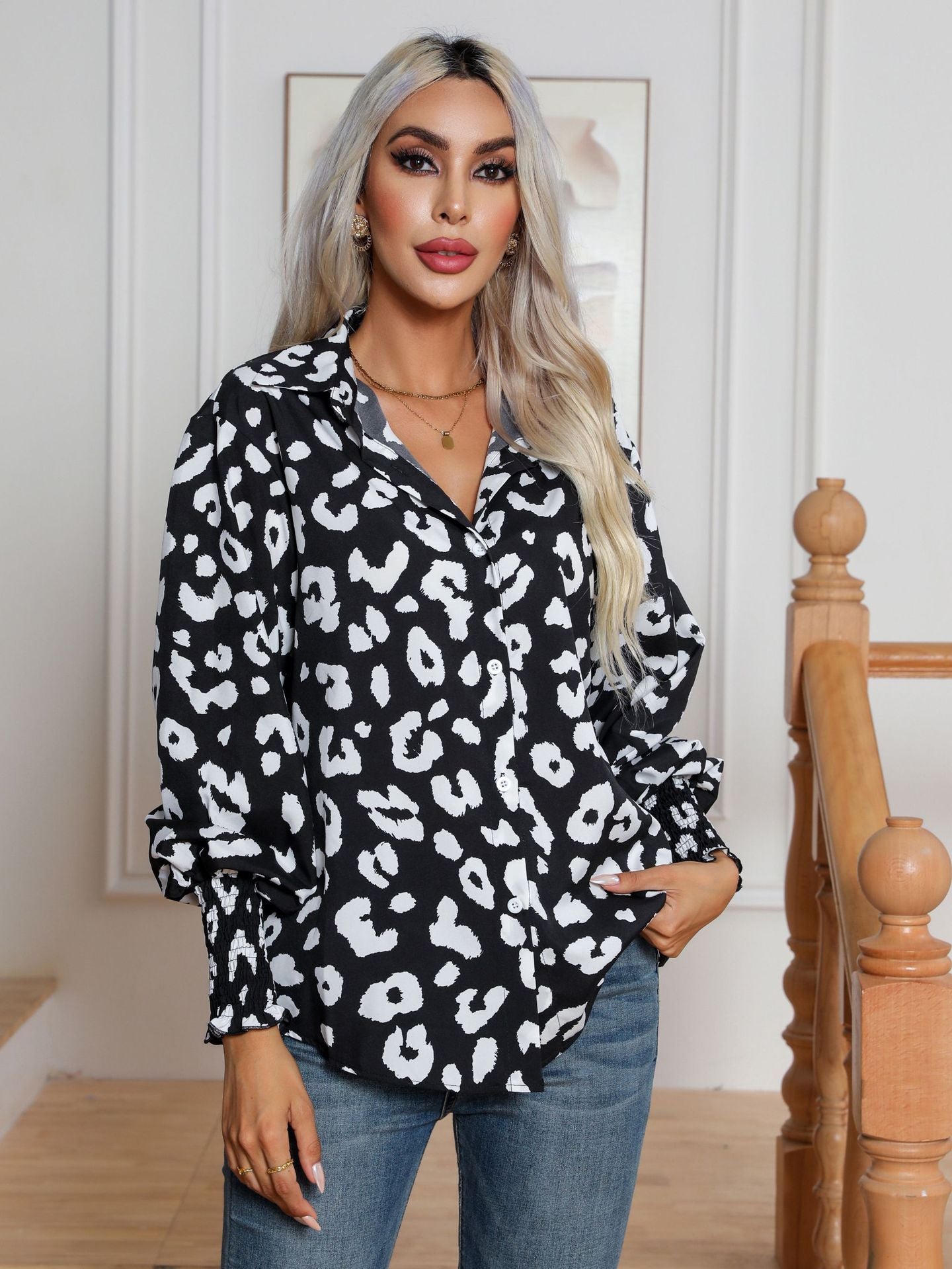 Leopard Print Lantern Sleeve Shirt Women