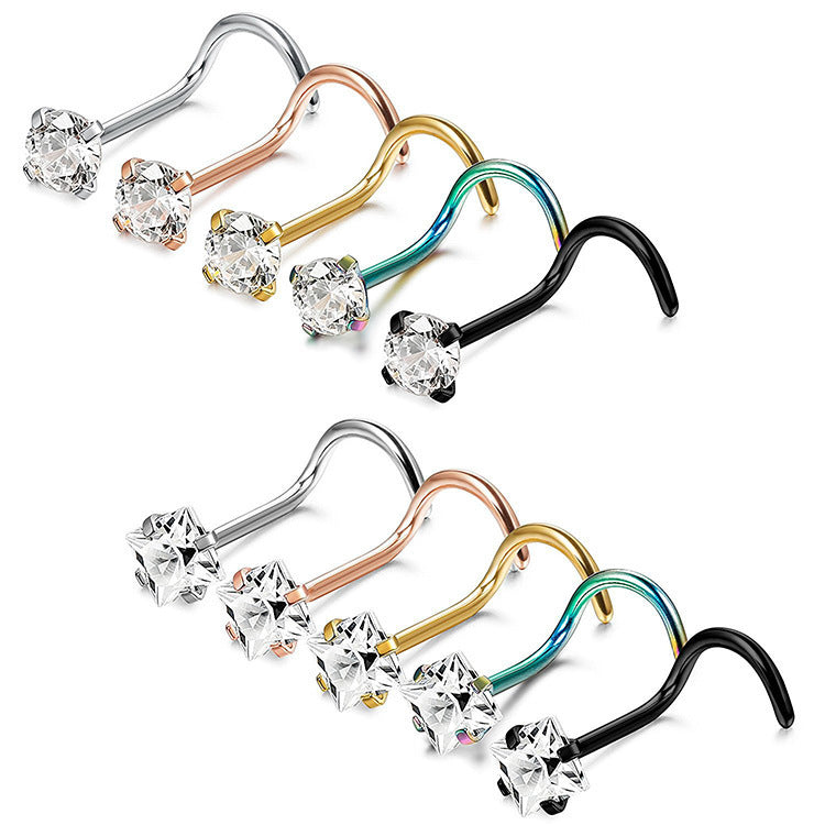 Stainless Steel Diamond-Studded Curved Bar Nose Ring
