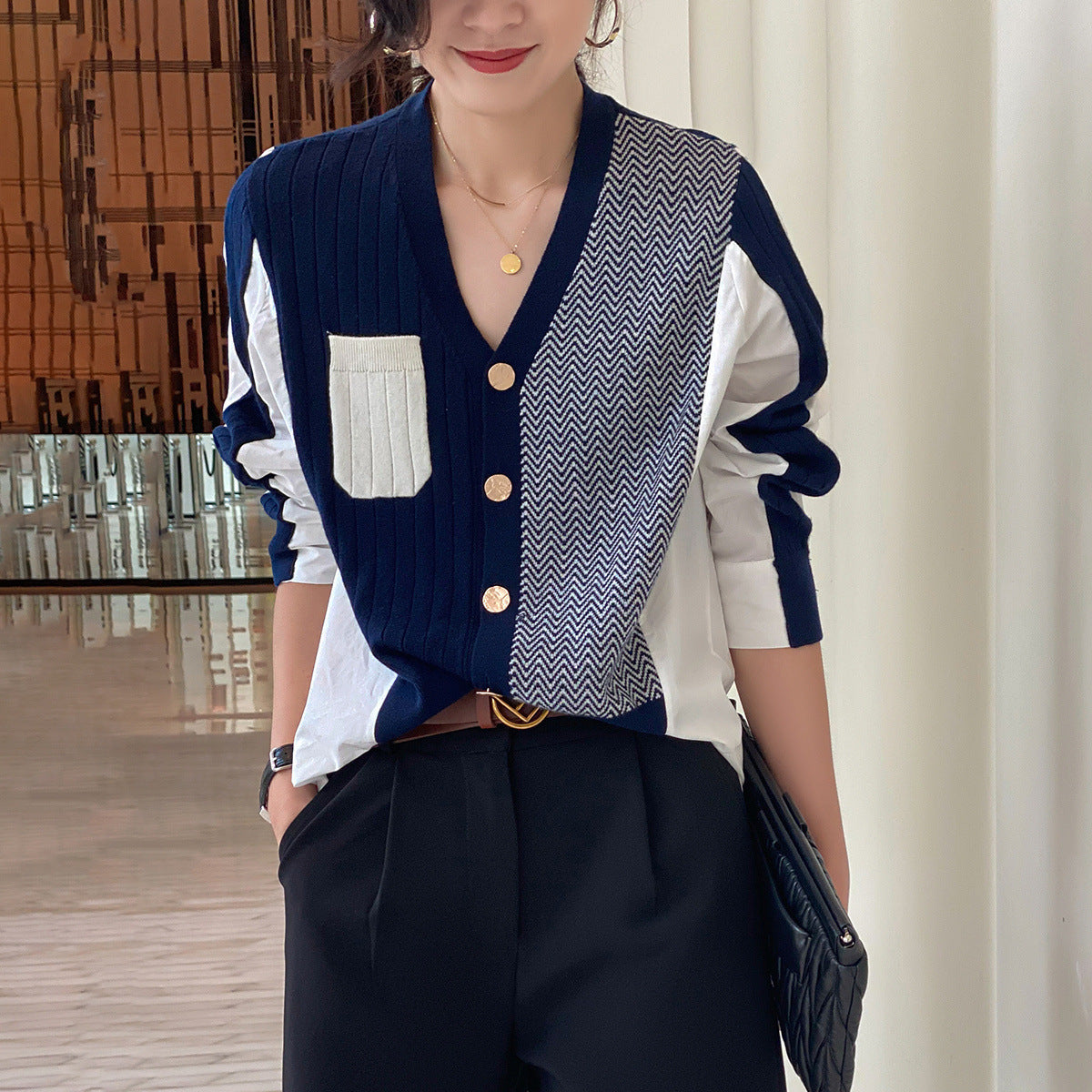Irregular Shirt Stitching Knitted Cardigan Women