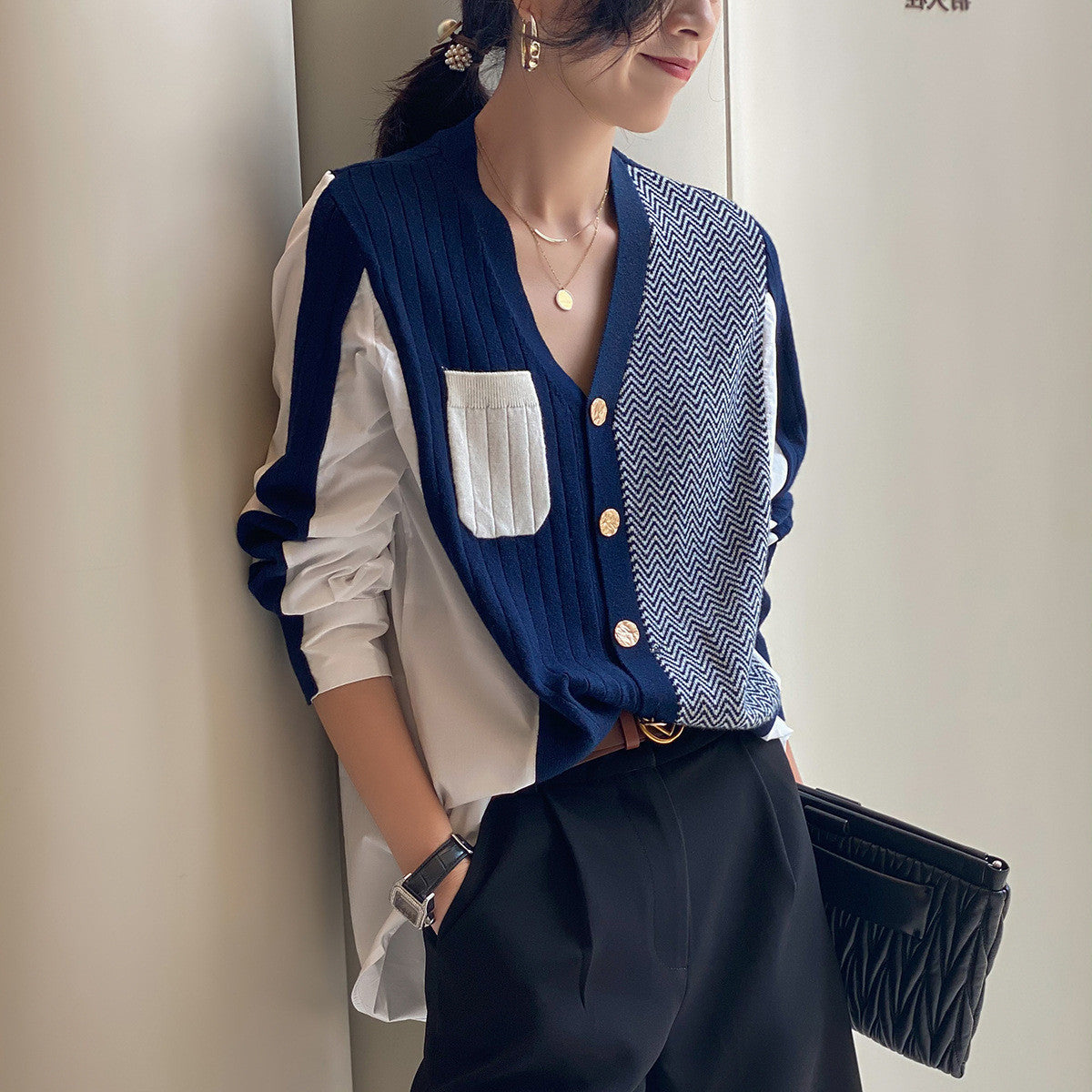 Irregular Shirt Stitching Knitted Cardigan Women
