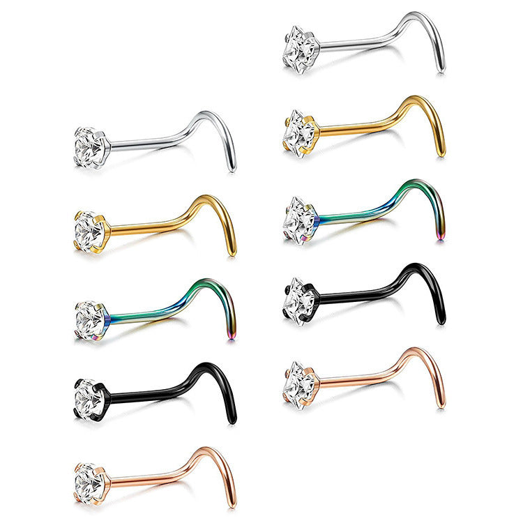Stainless Steel Diamond-Studded Curved Bar Nose Ring