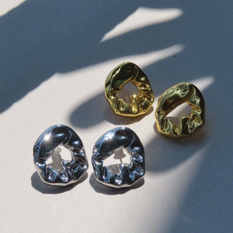 18K Gold Balloon Fold Irregular Texture Simple Earrings