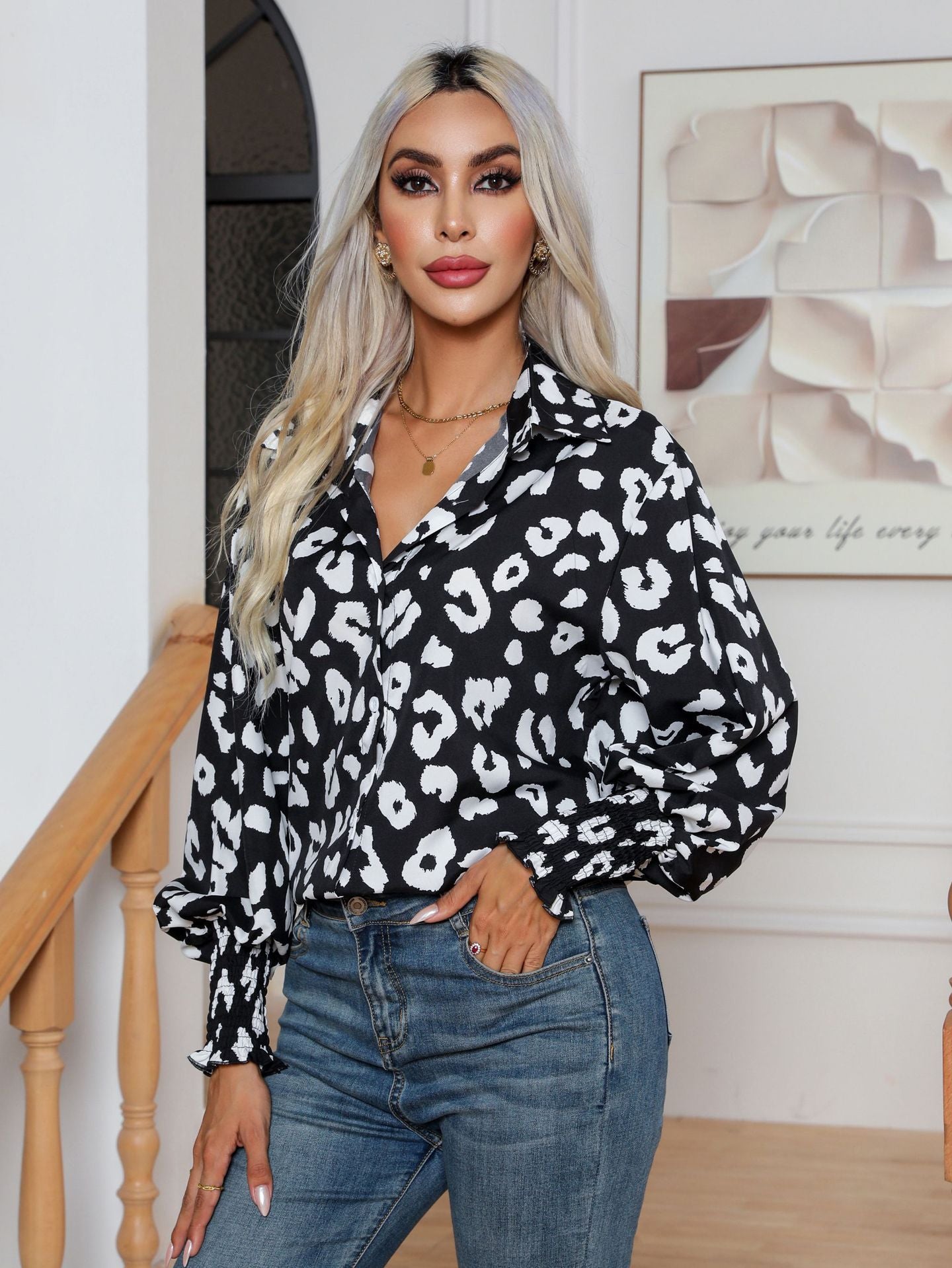 Leopard Print Lantern Sleeve Shirt Women