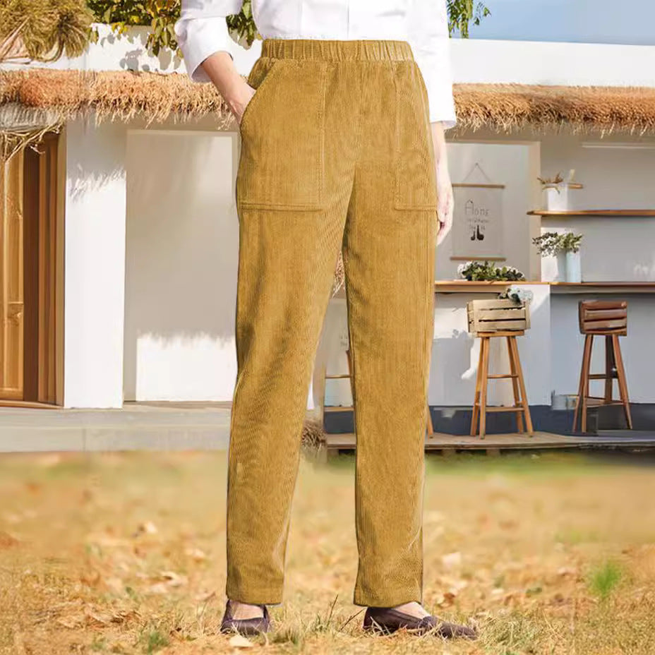 Women's Pure Color Elastic Waist Striped Straight Casual Pants