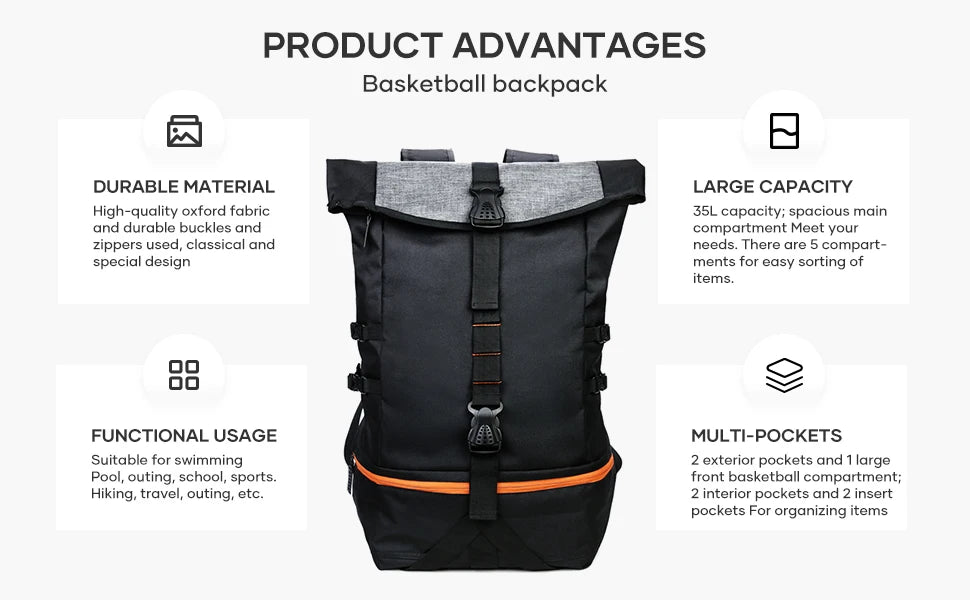 Basketball Backpack Large Sports Bag for Men with Separate Ball compartment, Sports Equipment Bag for Soccer, Volleyball, Travel