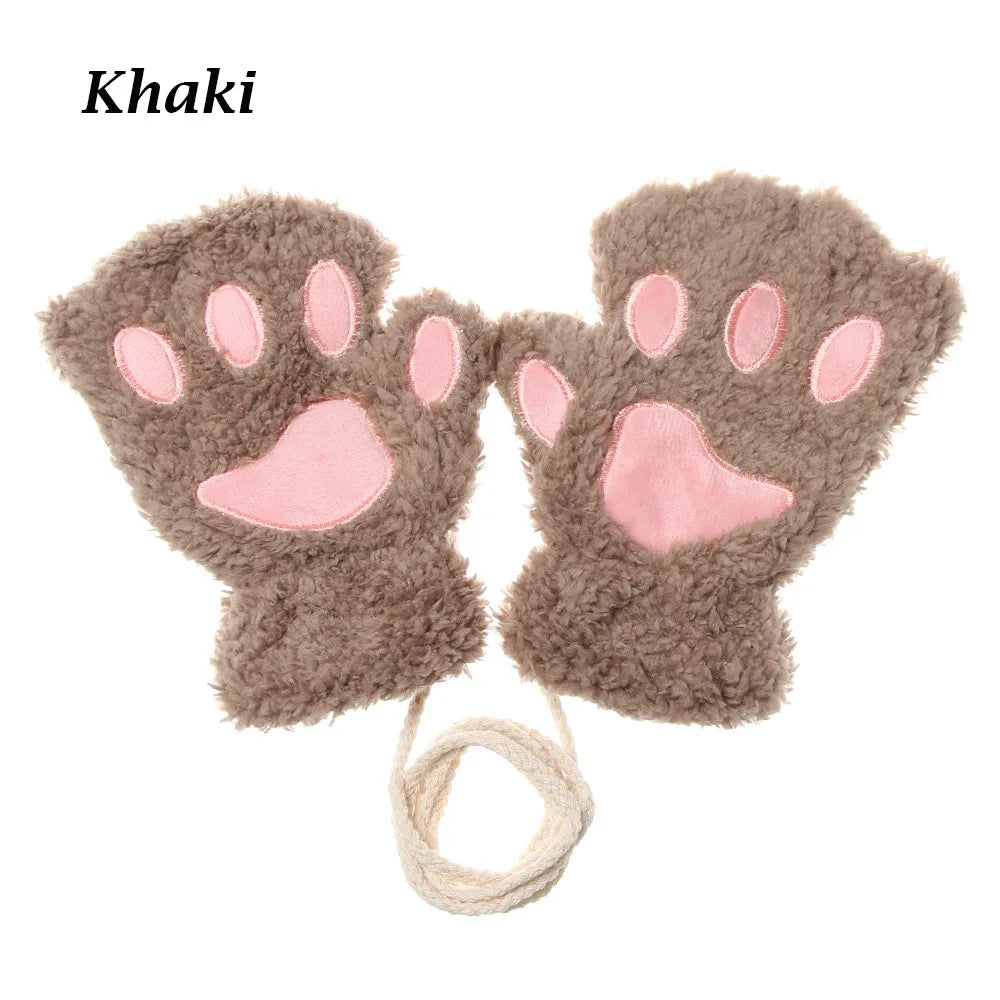 Cute Children Winter Gloves Warm Plush Fluffy Mittens Cat Paw Short Fingerless Gloves Girls Warm Half Finger Gloves