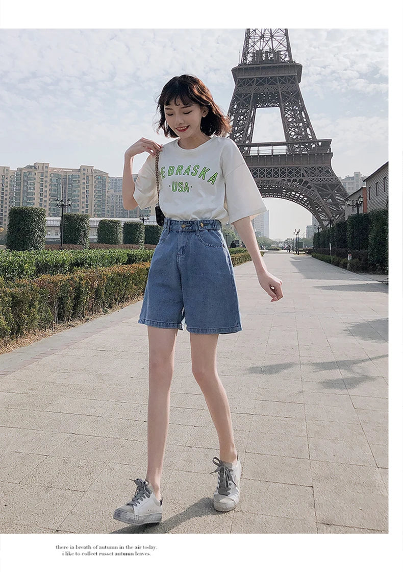 FTLZZ New Summer Women High Waist Button Wigh Leg Jeans Shorts Casual Female Loose Fit Blue Denim Shorts
