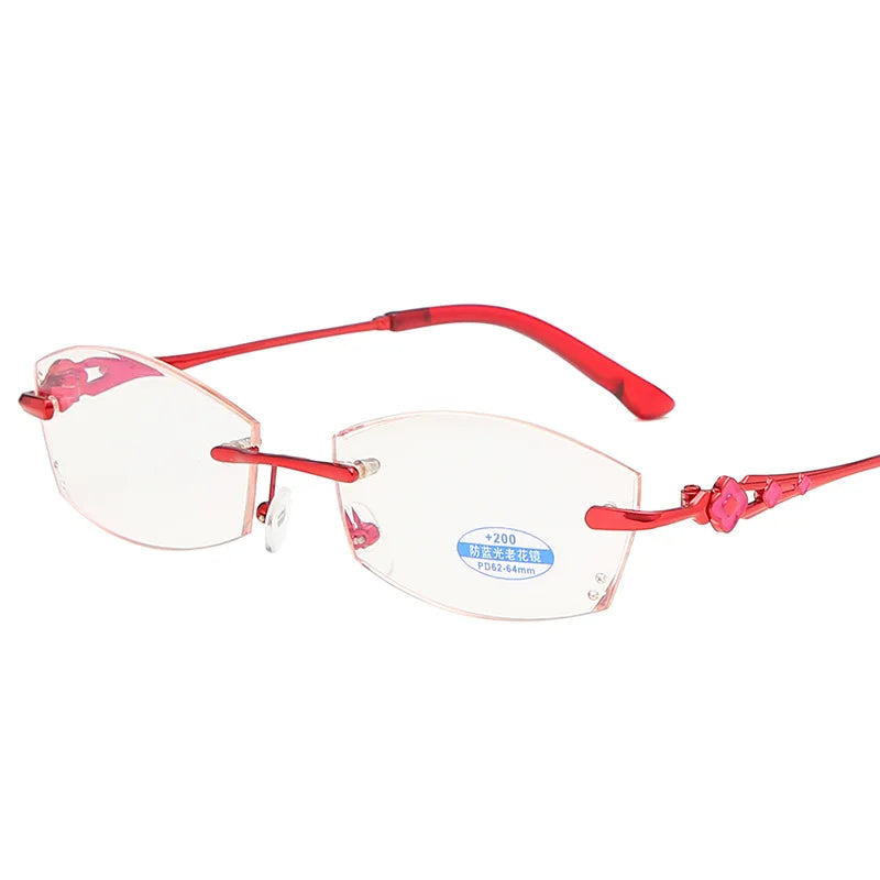 Fashion Women Red Pink  Rimless Oval Reading Glassses Trimming Lens Anti-blue Magnifier Diamond-set Eyewear For Computer