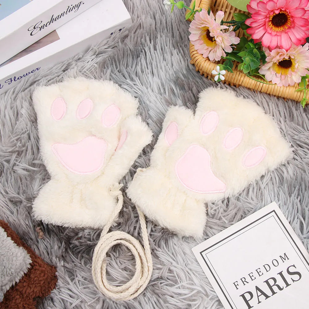 Cute Children Winter Gloves Warm Plush Fluffy Mittens Cat Paw Short Fingerless Gloves Girls Warm Half Finger Gloves