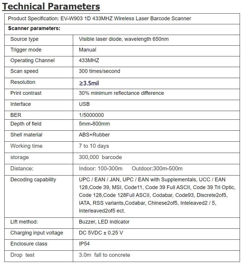 500m Long Transmission Distance Barcode Scanner Yellow Color Wireless QR Reader for Warehouse 433MHz Bar Code Reader with Stand