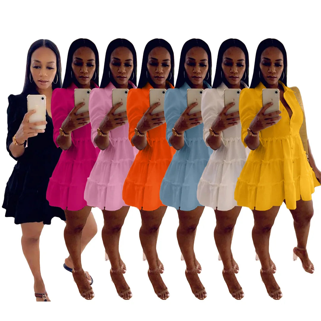 CM.YAYA Women Mini Dress Solid Half Sleeve Turn-down Collar Single Breasted Loose Dresses Office Lady Fashion Streetwear Summer