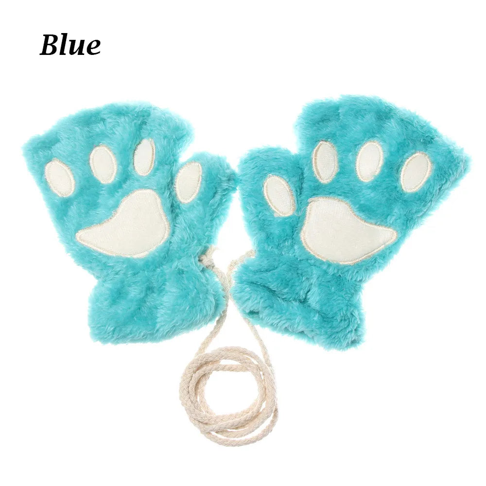 Cute Children Winter Gloves Warm Plush Fluffy Mittens Cat Paw Short Fingerless Gloves Girls Warm Half Finger Gloves