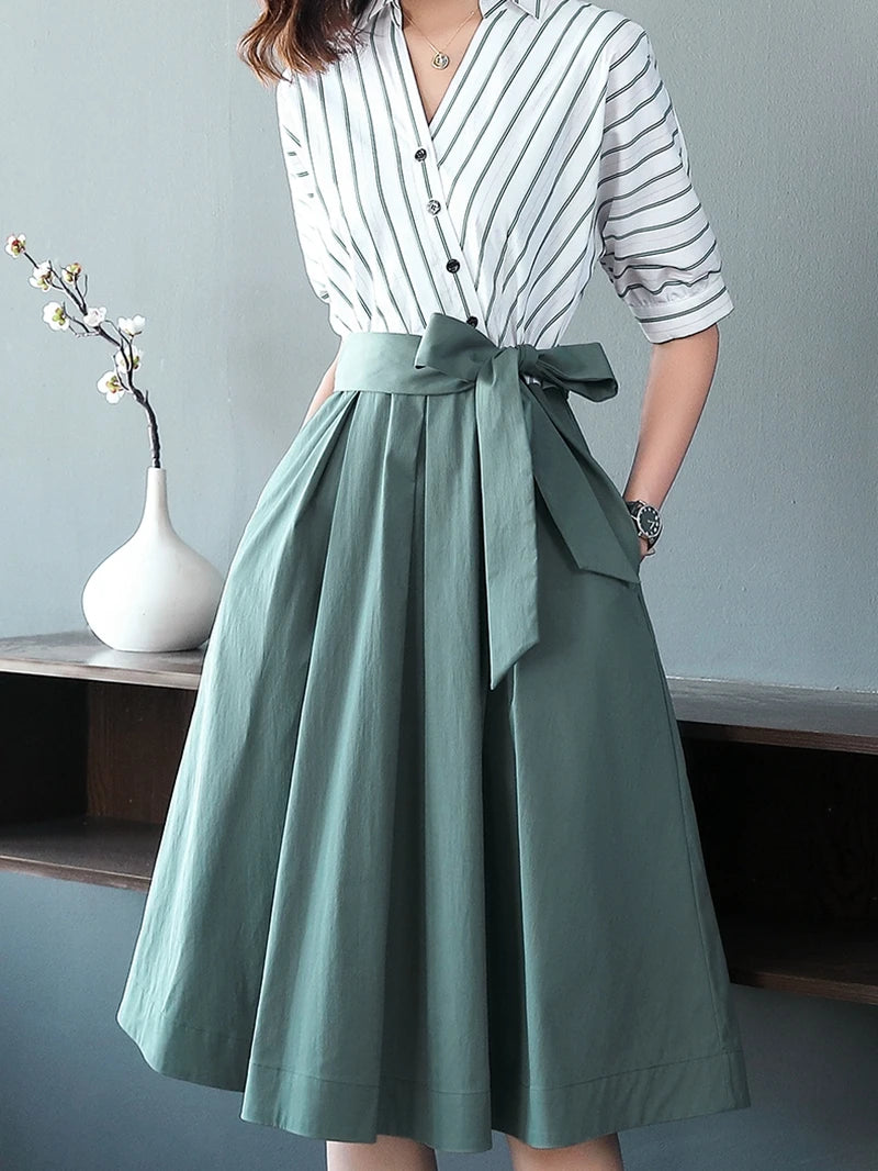 Striped Shirt Dress Women Elegant Office Ladies OL Midi Work Tunic Dress Korean Fashion Bow Sashes Bandage Big Swing Dresses New
