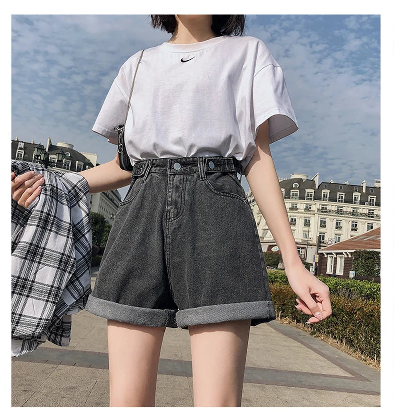 FTLZZ New Summer Women High Waist Button Wigh Leg Jeans Shorts Casual Female Loose Fit Blue Denim Shorts
