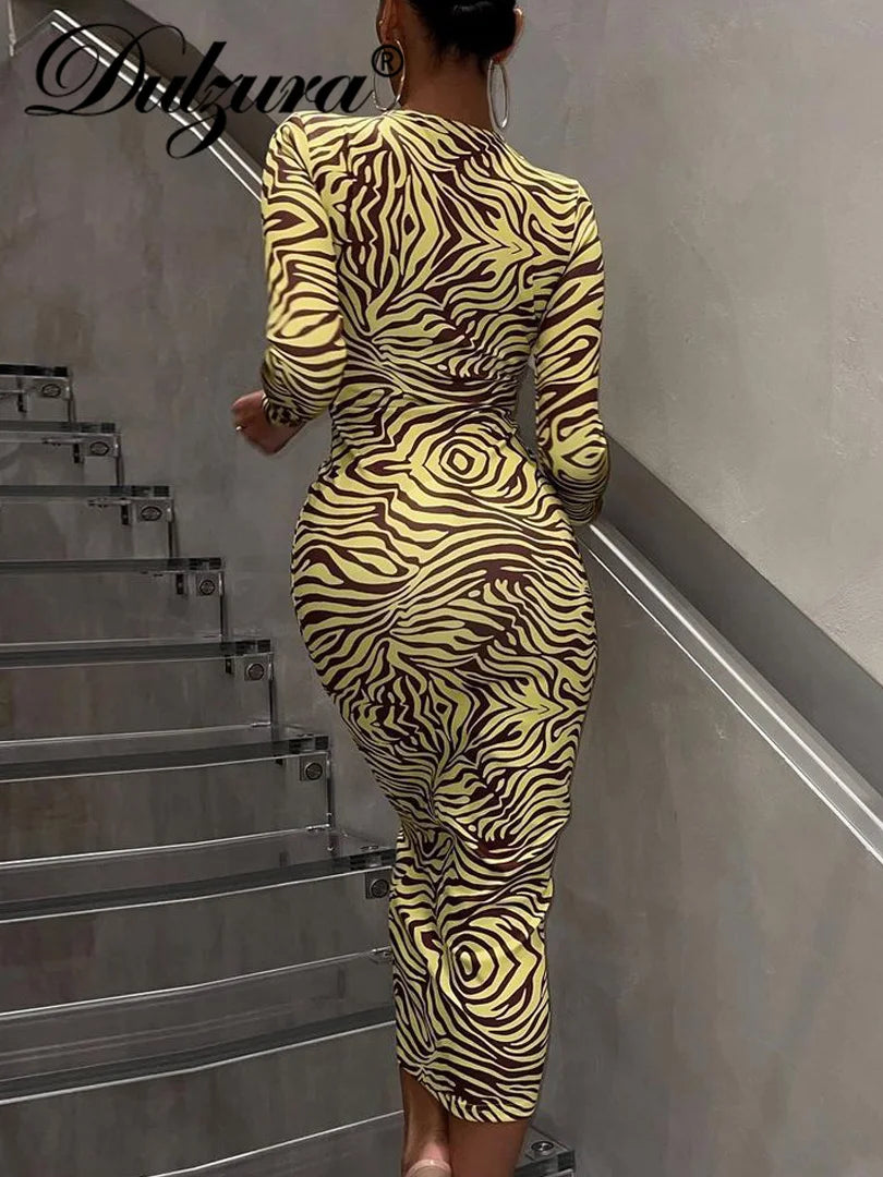 Dulzura Zebra Print Women Long Sleeve Lace Up Hollow Out Midi Dress Bodycon Sexy Streetwear Party Club Festival 2021 Clothes